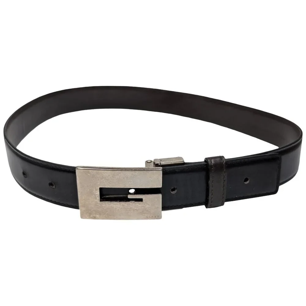 Vtg Gucci Silver G Cutout Leather Belt Mens Black Rectangular Buckle EU 70 US 28
